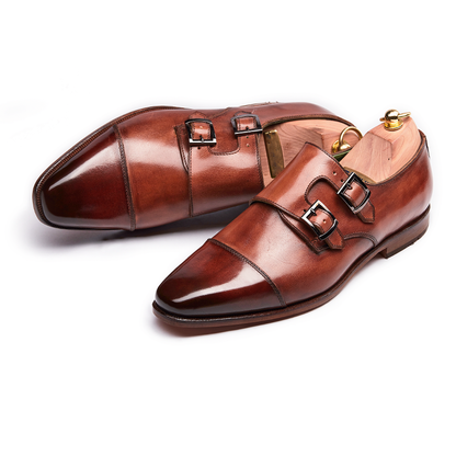 Tan double sales monk strap shoes