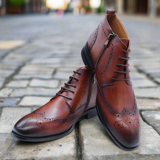 Flint Tan Wingtip Patina Derby Zip Lace Up Boot