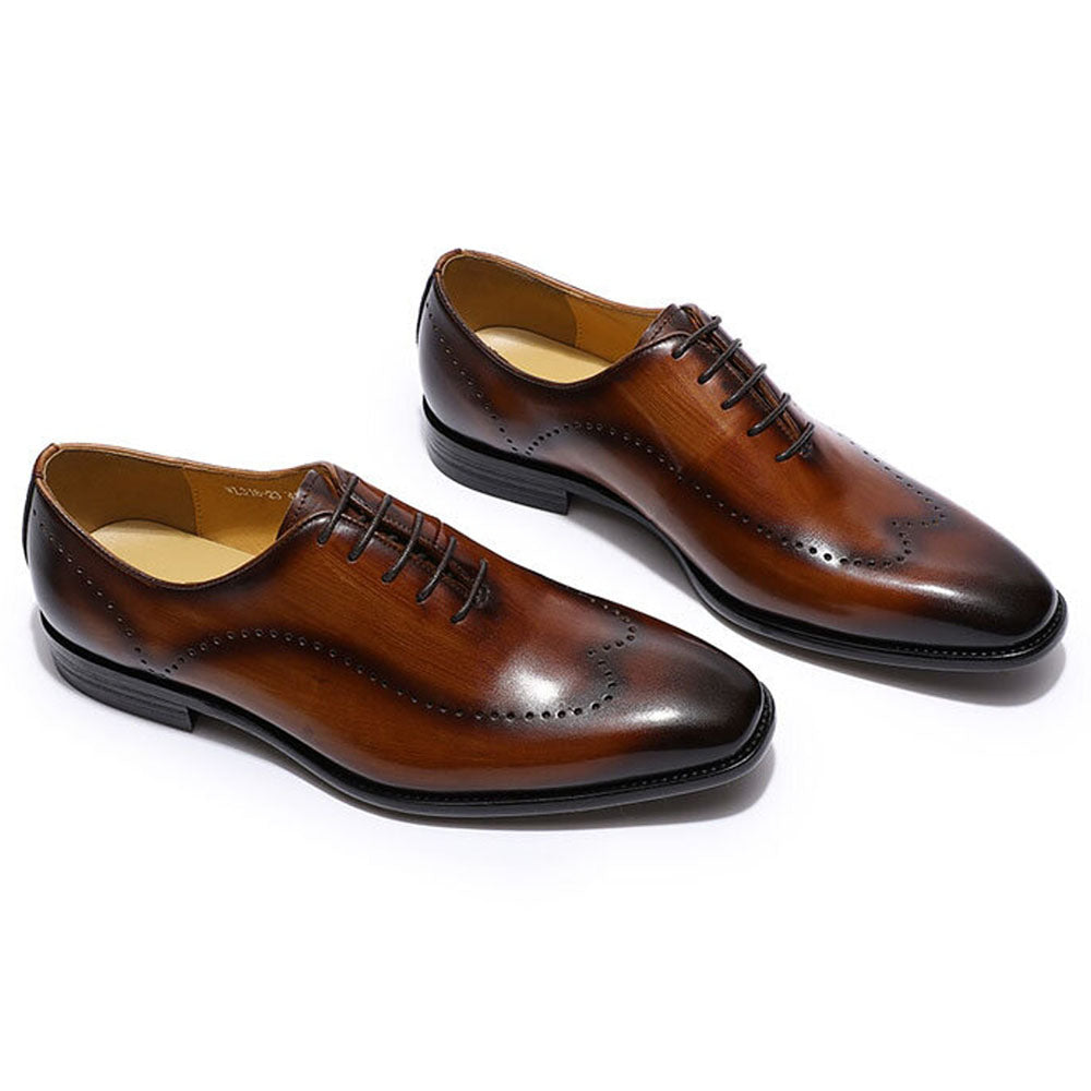 Tan Brown Dual Tone Leather Patina Finish Formal Wingtip Wholecut Oxford Brogue Lace Up Shoes for Men. Manmade Comfortable Sole. Customization Available.