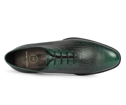 Green Croco Print Leather Formal Wholecut Oxford Lace Up Shoes for Men. Manmade Comfortable Sole. Customization Available.