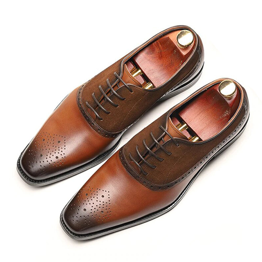 Brown Leather Tan Suede Formal Oxford Brogue Lace Up Shoes for Men. Manmade Comfortable Sole. Customization Available.