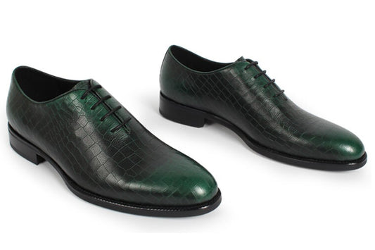 Green Croco Print Leather Formal Wholecut Oxford Lace Up Shoes for Men. Manmade Comfortable Sole. Customization Available.