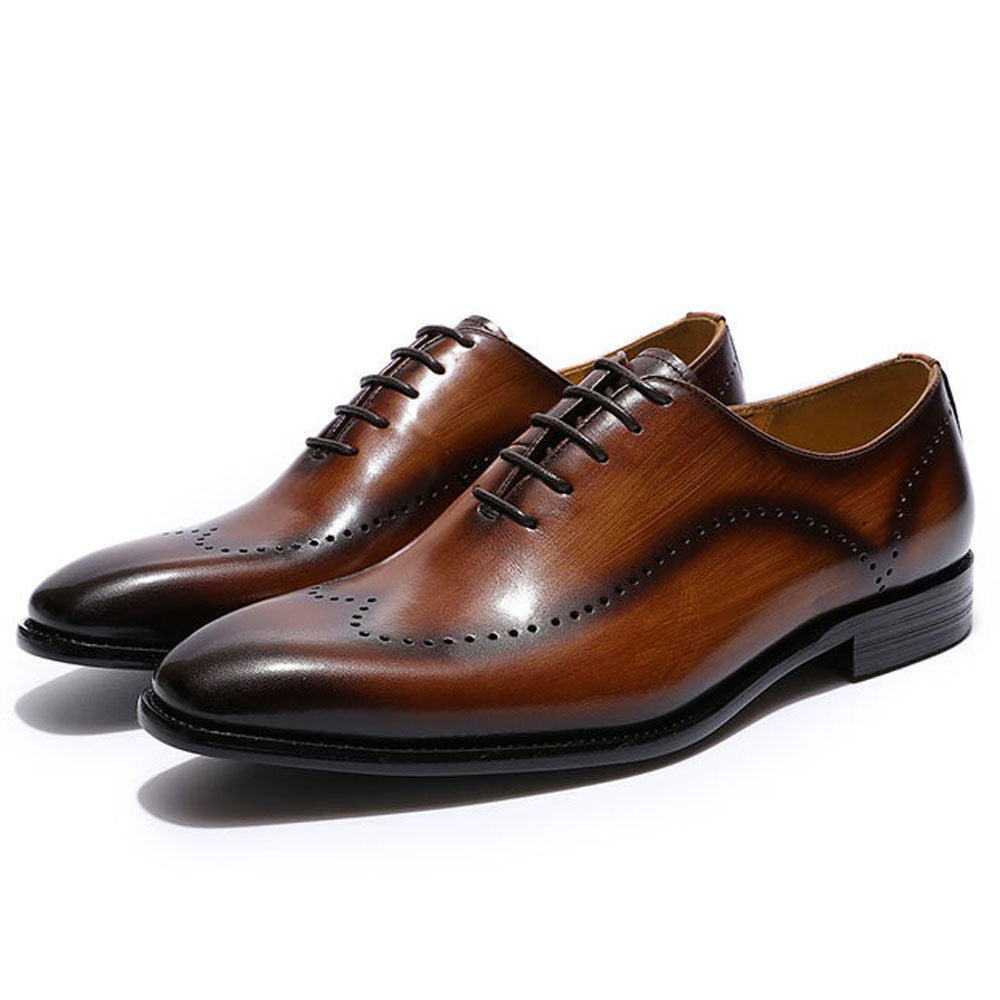 Tan Brown Dual Tone Leather Patina Finish Formal Wingtip Wholecut Oxford Brogue Lace Up Shoes for Men. Manmade Comfortable Sole. Customization Available.