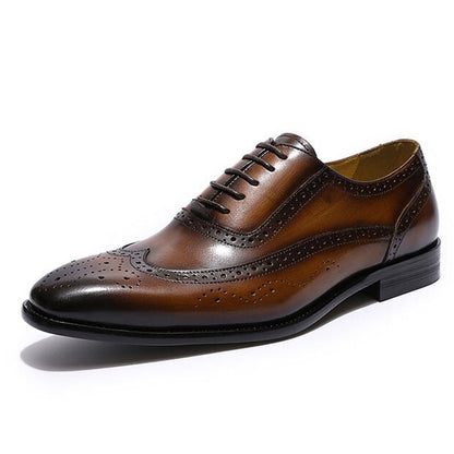 Tan Brown Leather Patina Finish Formal Wingtip Oxford Brogue Lace Up Shoes for Men. Manmade Comfortable Sole. Customization Available.