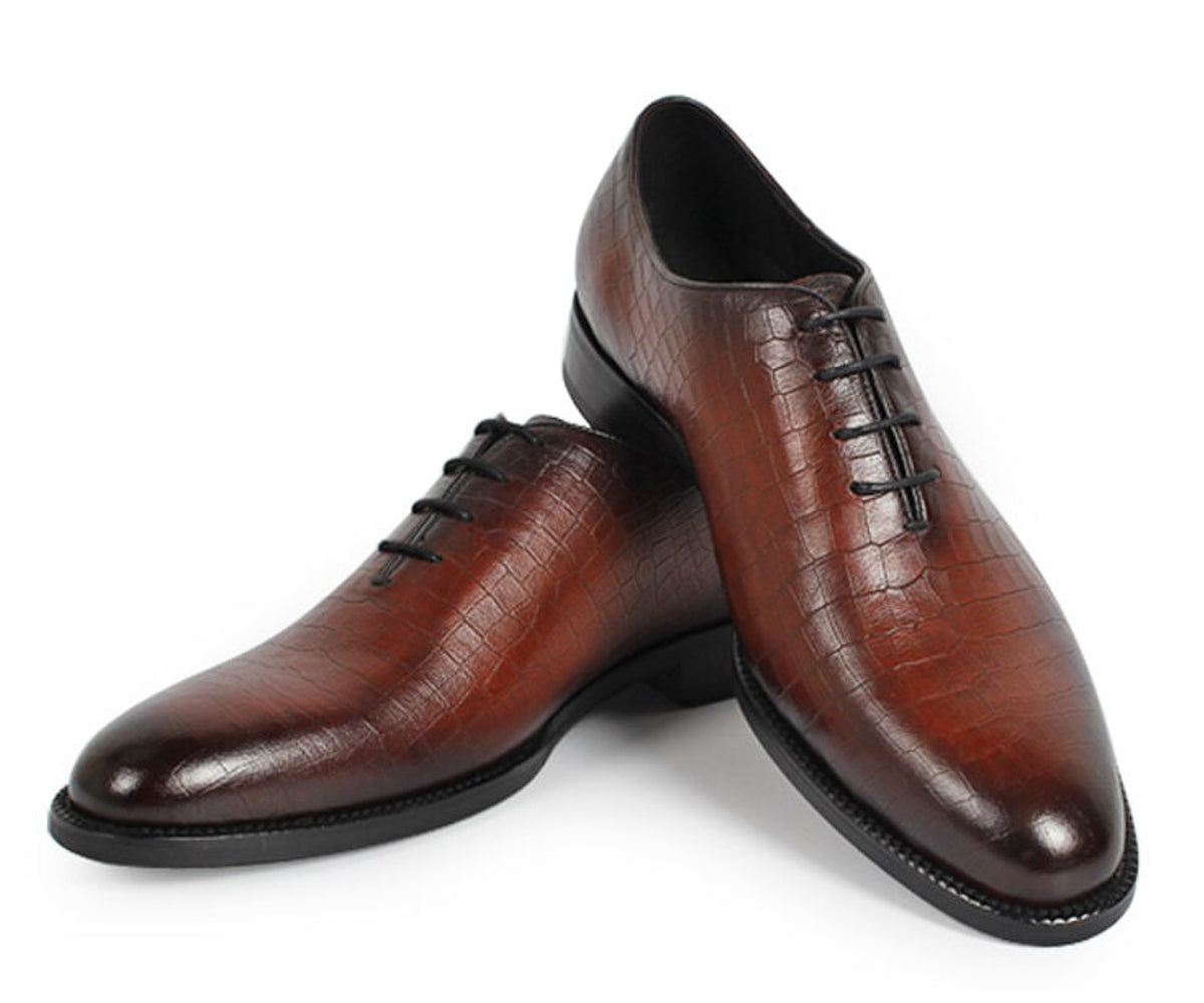 Tan Croco Print Leather Formal Wholecut Oxford Lace Up Shoes for Men. Manmade Comfortable Sole. Customization Available.