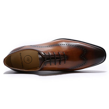 Tan Brown Dual Tone Leather Patina Finish Formal Wingtip Wholecut Oxford Brogue Lace Up Shoes for Men. Manmade Comfortable Sole. Customization Available.