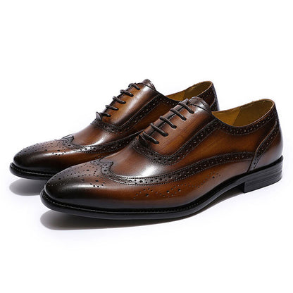 Tan Brown Leather Patina Finish Formal Wingtip Oxford Brogue Lace Up Shoes for Men. Manmade Comfortable Sole. Customization Available.