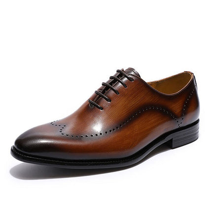 Tan Brown Dual Tone Leather Patina Finish Formal Wingtip Wholecut Oxford Brogue Lace Up Shoes for Men. Manmade Comfortable Sole. Customization Available.