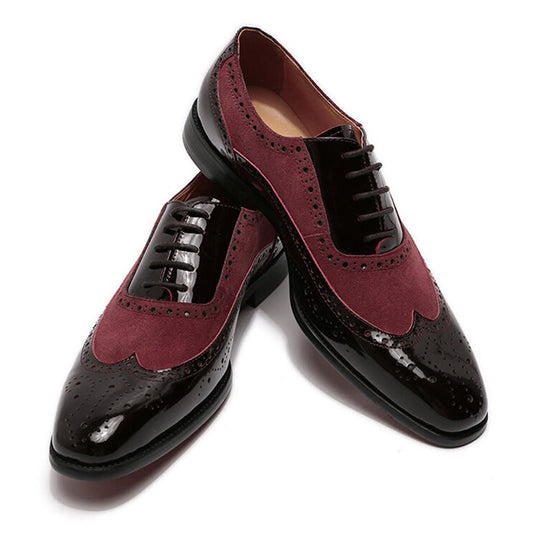 Black Patent Leather Burgundy Suede Formal Wingtip Oxford Brogue Lace Up Shoes for Men. Manmade Comfortable Sole. Customization Available.