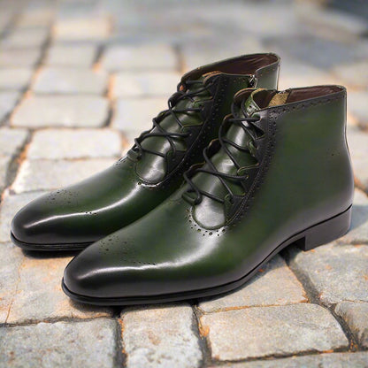 Olive Green Leather Brogue Lace Up Boot Shoes for Men | Romro Ferrera Olive Green Leather Brogue Lace Up Boot Shoes for Men | Romro Ferrera