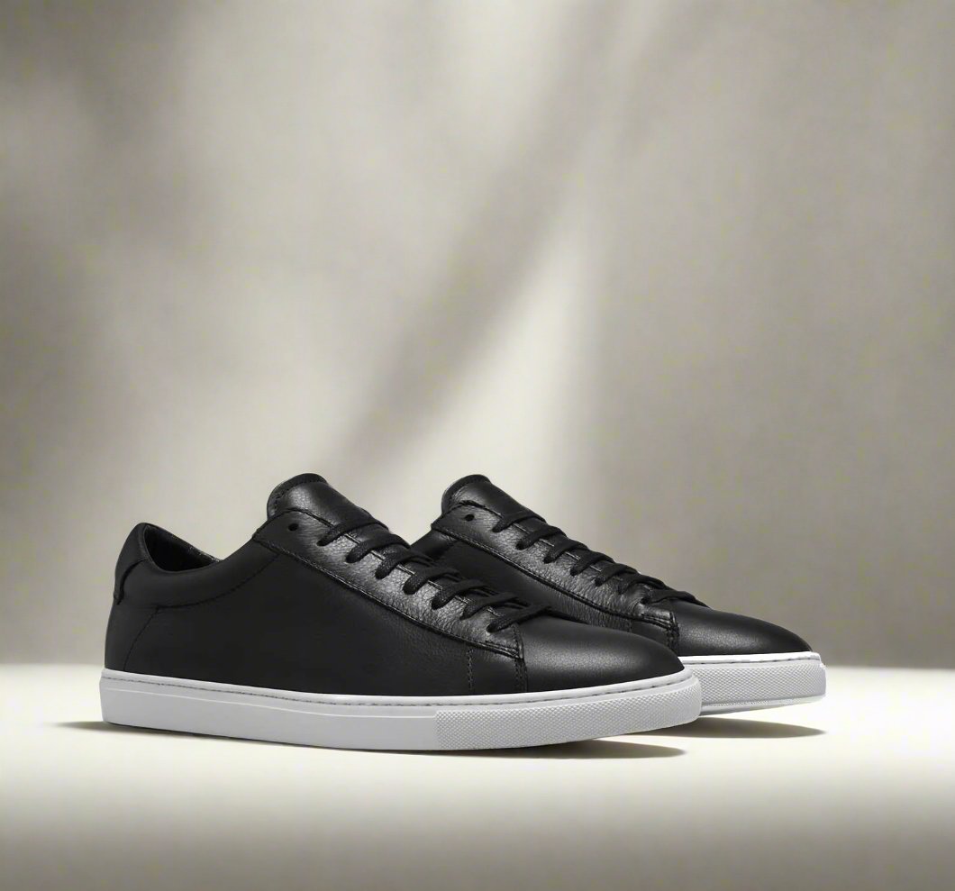 Black Leather Low Top Lace Up Sneaker for Men. White Comfortable Cup Sole.