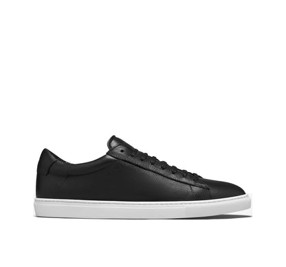 Black Leather Low Top Lace Up Sneaker for Men. White Comfortable Cup Sole.