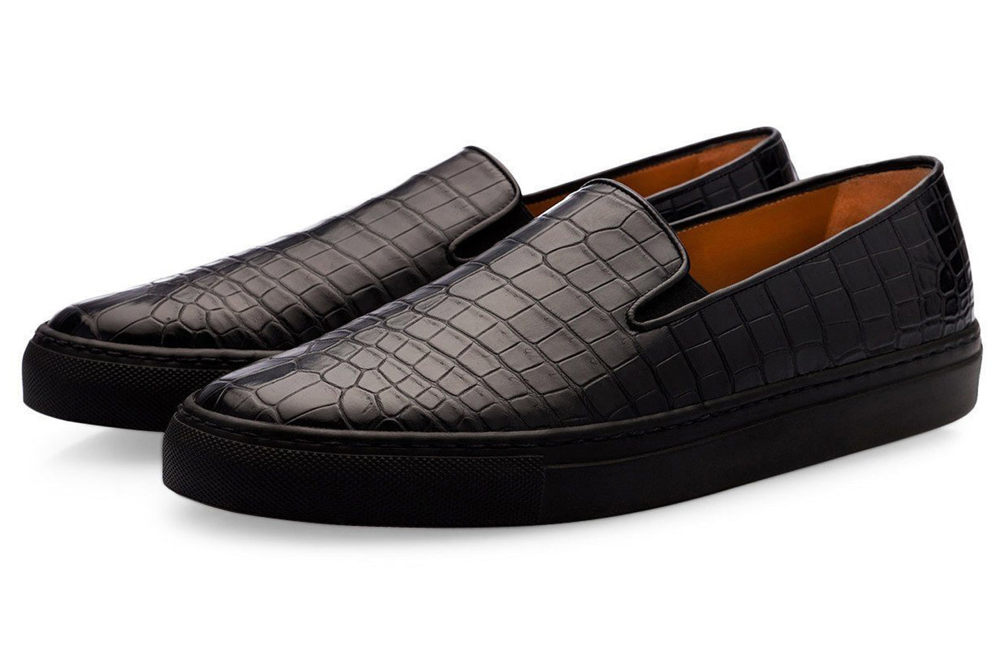 Black Croco Print Leather Slip-on Loafer Sneaker for Men. Black Comfortable Cup Sole.