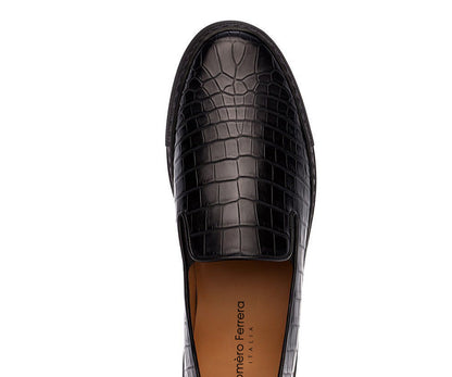 Black Croco Print Leather Slip-on Loafer Sneaker for Men. Black Comfortable Cup Sole.