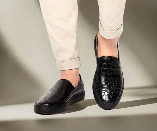 Black Croco Print Leather Slip-on Loafer Sneaker for Men. Black Comfortable Cup Sole.