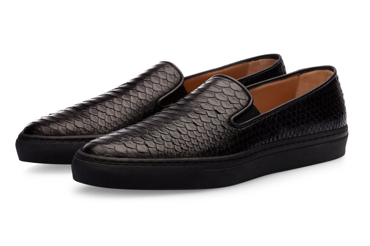Black Snake Print Leather Slip-on Loafer Sneaker for Men. Black Comfortable Cup Sole.