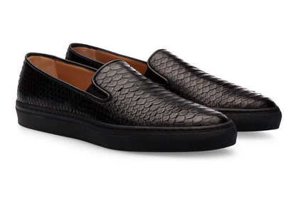 Black Snake Print Leather Slip-on Loafer Sneaker for Men. Black Comfortable Cup Sole.