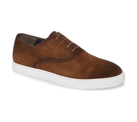 Dark Brown Burnished Suede Leather Low Top Lace Up Sneaker for Men. White Comfortable Cup Sole.