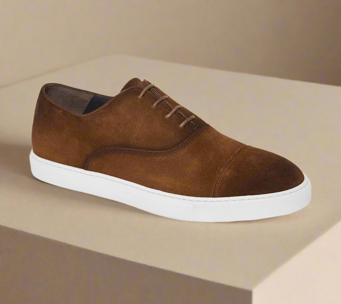 Dark Brown Burnished Suede Leather Low Top Lace Up Sneaker for Men. White Comfortable Cup Sole.