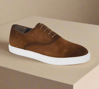 Dark Brown Burnished Suede Leather Low Top Lace Up Sneaker for Men. White Comfortable Cup Sole.