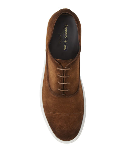 Dark Brown Burnished Suede Leather Low Top Lace Up Sneaker for Men. White Comfortable Cup Sole.