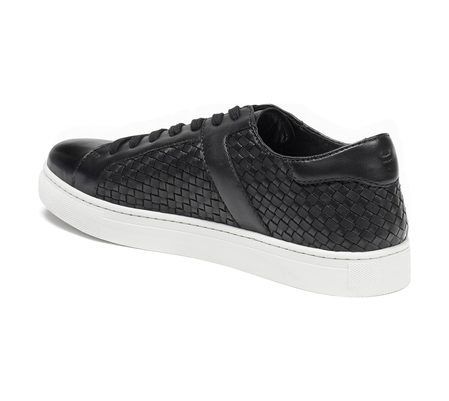 Black Braided Leather Low Top Lace Up Sneaker for Men. White Comfortable Cup Sole.