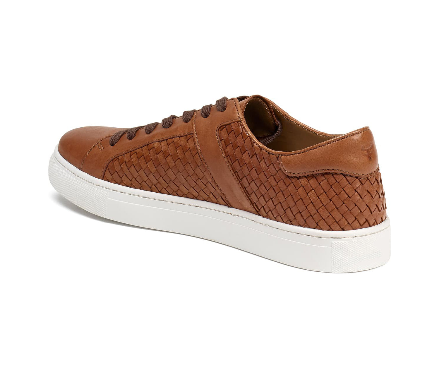 Brown Tan Braided Leather Low Top Lace Up Sneaker for Men. White Comfortable Cup Sole.