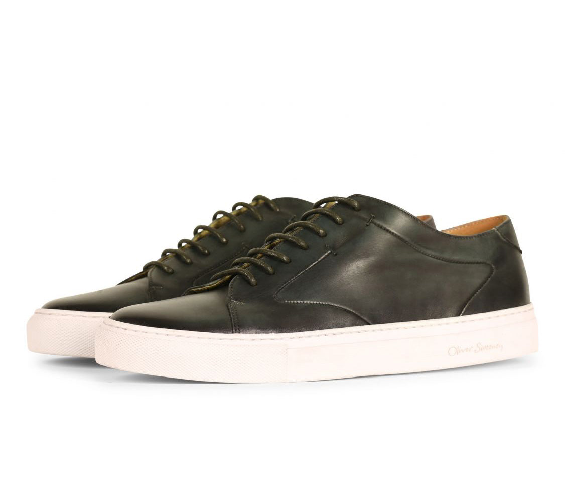 Olive Green Patina Finish Leather Low Top Lace Up Sneaker for Men. White Comfortable Cup Sole.