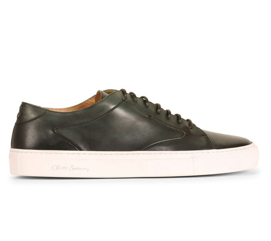 Olive Green Patina Finish Leather Low Top Lace Up Sneaker for Men. White Comfortable Cup Sole.