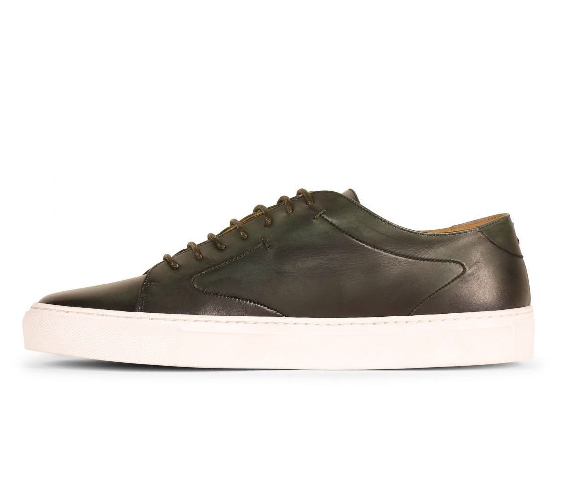 Olive Green Patina Finish Leather Low Top Lace Up Sneaker for Men. White Comfortable Cup Sole.