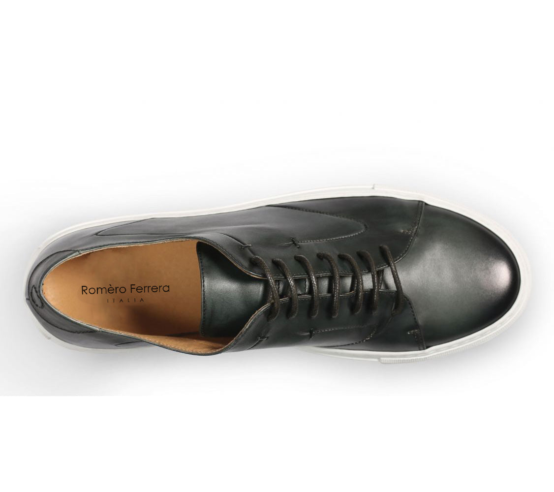 Olive Green Patina Finish Leather Low Top Lace Up Sneaker for Men. White Comfortable Cup Sole.