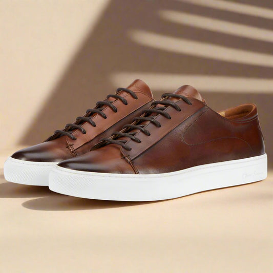 Brown Patina Finish Leather Low Top Lace Up Sneaker for Men. White Comfortable Cup Sole.