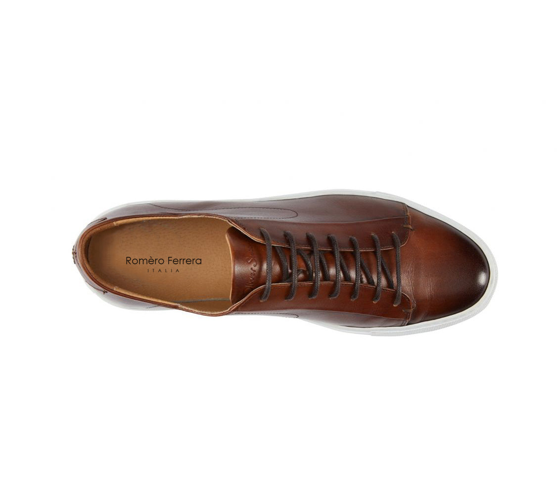 Brown Patina Finish Leather Low Top Lace Up Sneaker for Men. White Comfortable Cup Sole.