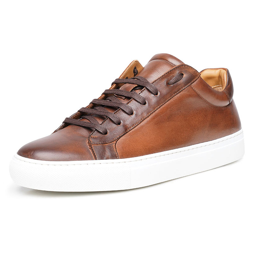 Tan Brown Patina Finish Leather Low Top Lace Up Sneaker for Men. White Comfortable Cup Sole.