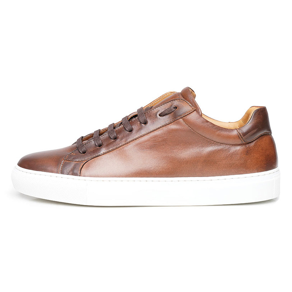 Tan Brown Patina Finish Leather Low Top Lace Up Sneaker for Men. White Comfortable Cup Sole.