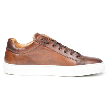 Tan Brown Patina Finish Leather Low Top Lace Up Sneaker for Men. White Comfortable Cup Sole.