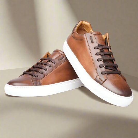 Tan Brown Patina Finish Leather Low Top Lace Up Sneaker for Men. White Comfortable Cup Sole.