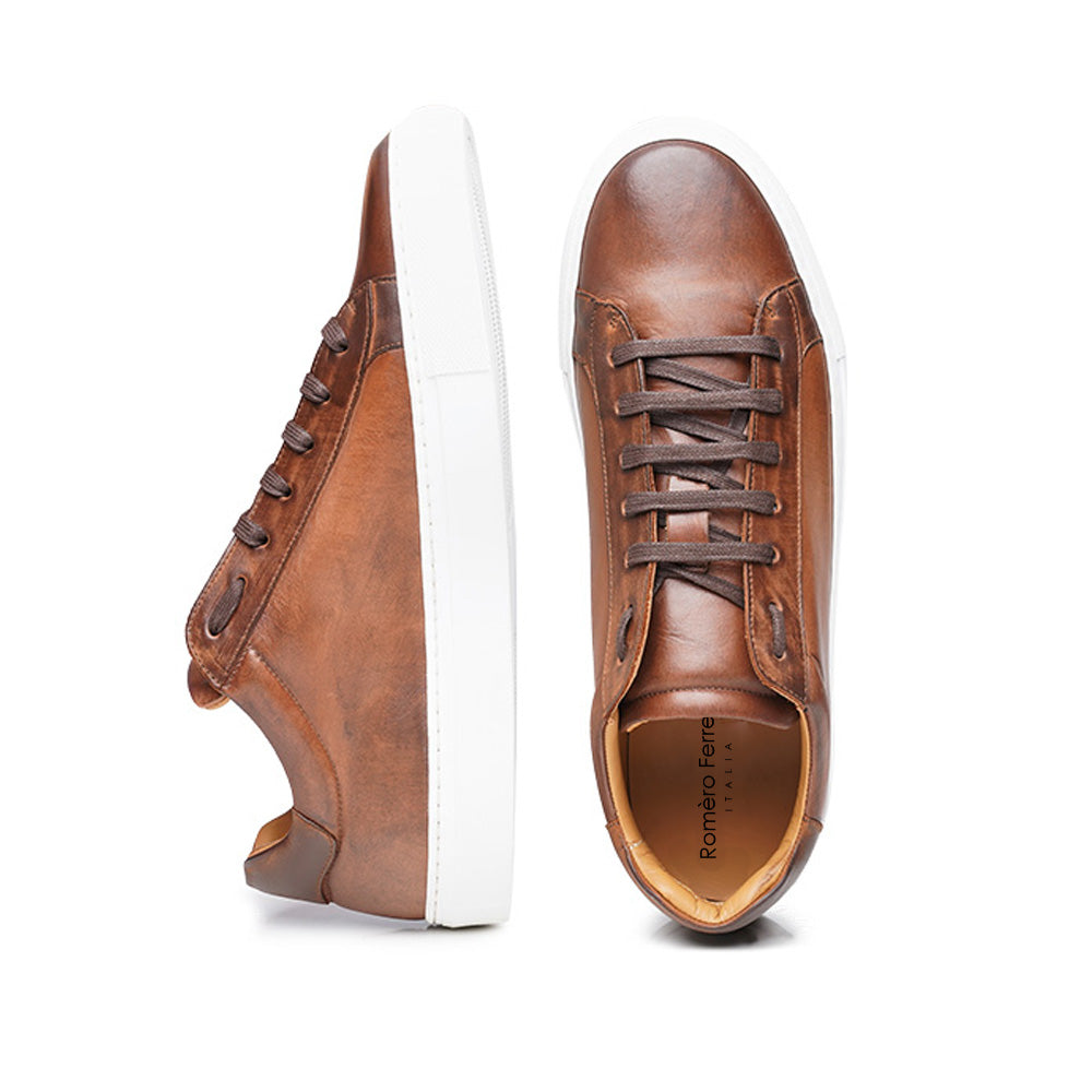 Tan Brown Patina Finish Leather Low Top Lace Up Sneaker for Men. White Comfortable Cup Sole.