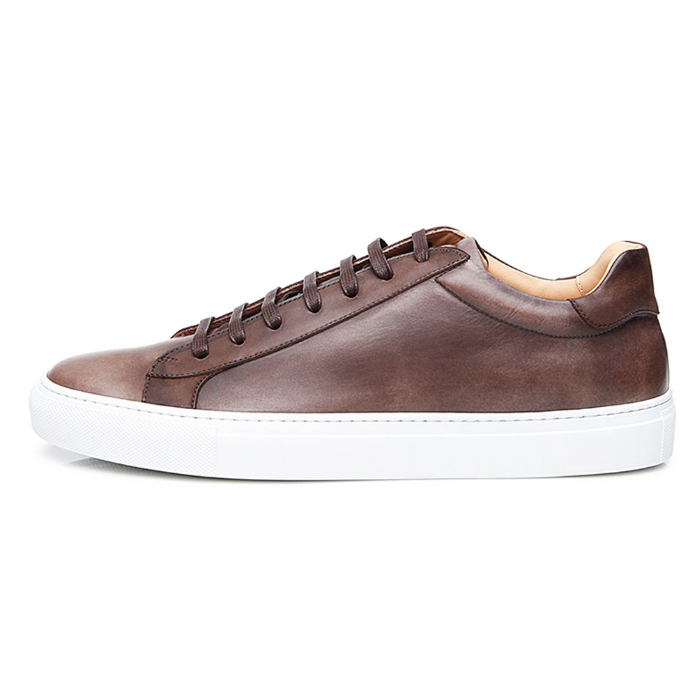 Brown Patina Finish Leather Low Top Lace Up Sneaker for Men. White Comfortable Cup Sole.