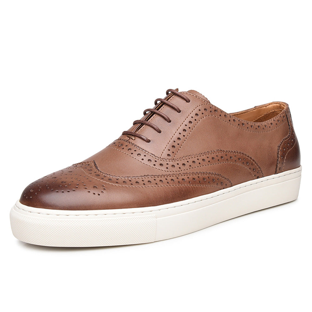 Tan Leather Wingtip Oxford Low Top Lace Up Sneaker for Men. White Comfortable Cup Sole.