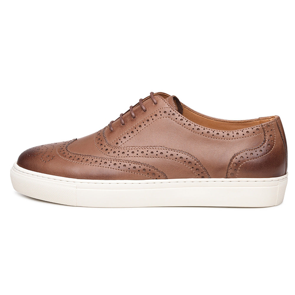 Tan Leather Wingtip Oxford Low Top Lace Up Sneaker for Men. White Comfortable Cup Sole.