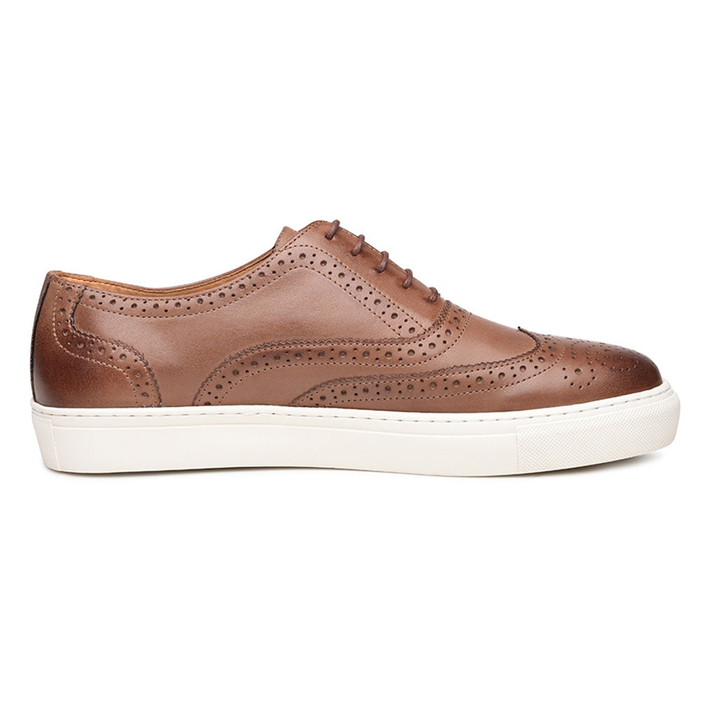 Tan Leather Wingtip Oxford Low Top Lace Up Sneaker for Men. White Comfortable Cup Sole.