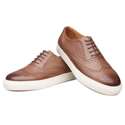 Tan Leather Wingtip Oxford Low Top Lace Up Sneaker for Men. White Comfortable Cup Sole.