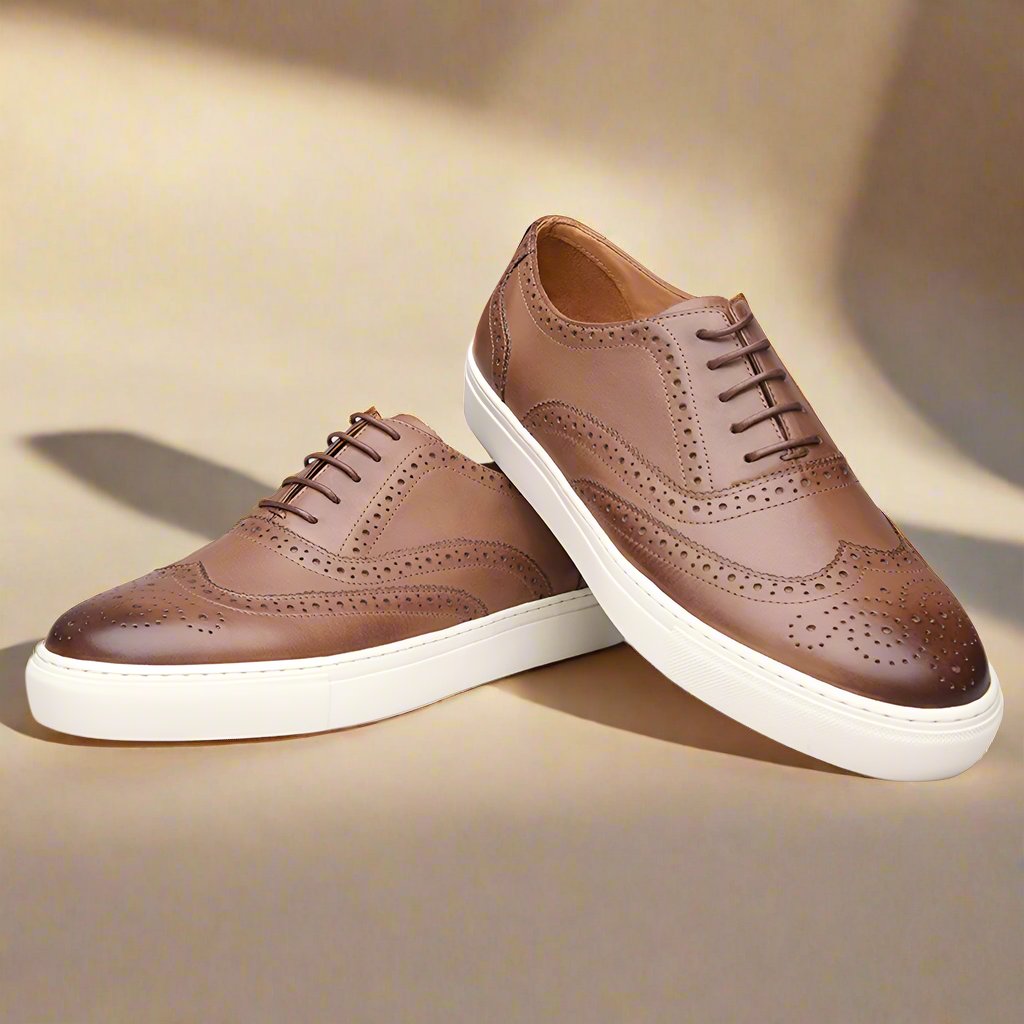 Tan Leather Wingtip Oxford Low Top Lace Up Sneaker for Men. White Comfortable Cup Sole.