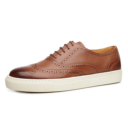 Tan Leather Wingtip Oxford Low Top Lace Up Sneaker for Men. White Comfortable Cup Sole.