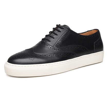 Black Leather Wingtip Oxford Low Top Lace Up Sneaker for Men. White Comfortable Cup Sole.