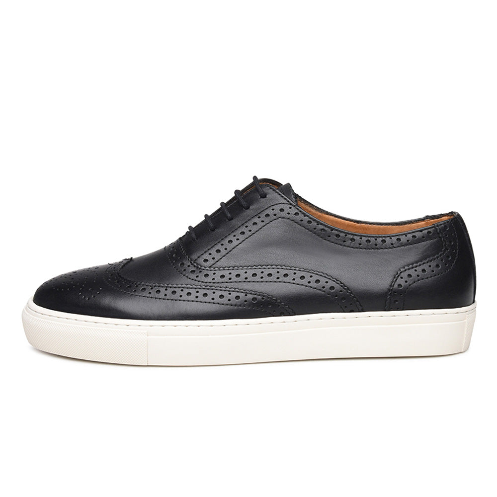 Black Leather Wingtip Oxford Low Top Lace Up Sneaker for Men. White Comfortable Cup Sole.