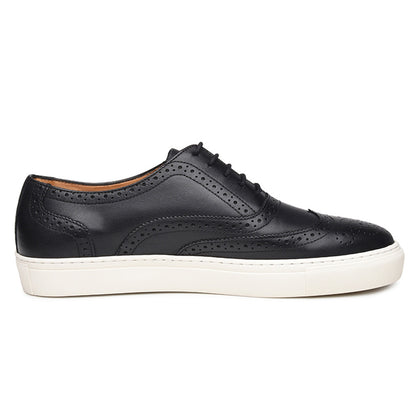 Black Leather Wingtip Oxford Low Top Lace Up Sneaker for Men. White Comfortable Cup Sole.