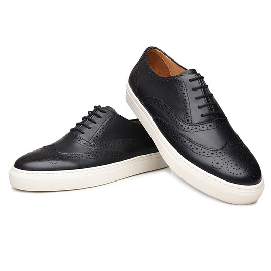Black Leather Wingtip Oxford Low Top Lace Up Sneaker for Men. White Comfortable Cup Sole.