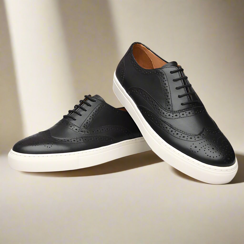 Black Leather Wingtip Oxford Low Top Lace Up Sneaker for Men. White Comfortable Cup Sole.